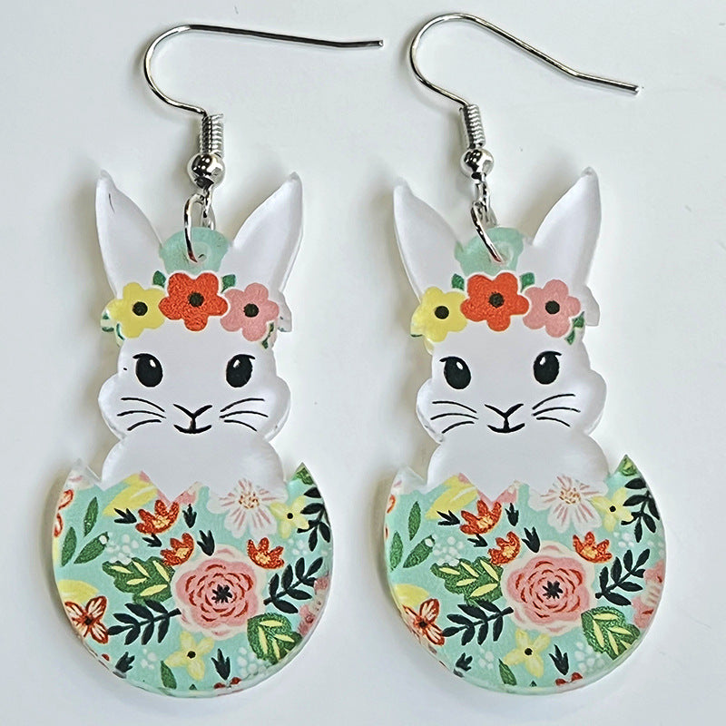 Wholesale Rabbit Flower Basket Cute Printed Easter Egg Chicken Spring Flower Earrings